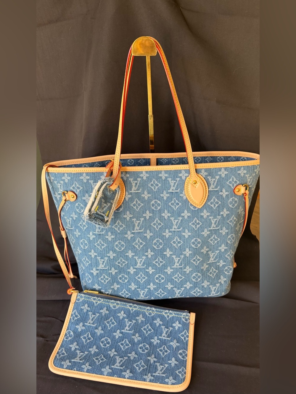 Blue Denim Monogram Neverfull Tote with Pouch
